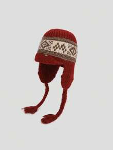 1 pieza Sombrero de piloto/cubo de mujer de punto jacquard bohemio con hilo grueso trenzado, orejeras acogedoras, de moda y versátil, casual y retro para otoño/invierno