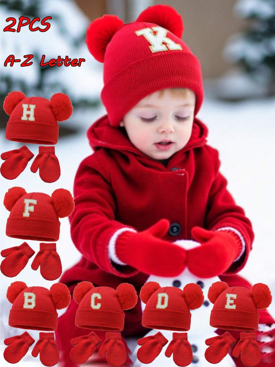 2件套针织帽和手套，婴儿A-Z字母针织帽配红色手套，女婴帽，儿童针织帽，婴儿配饰，童帽，弹性帽，0-3岁幼儿男女童帽 - 紅色 - 查看 1