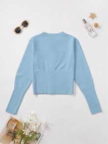 Women's Elegant Fitted Solid Color Ribbed Hem Design Long Sleeve Cardigan Sweater, Suitable For Daily Wear And Travel, Spring/Summer/Autumn - Blue - View 6