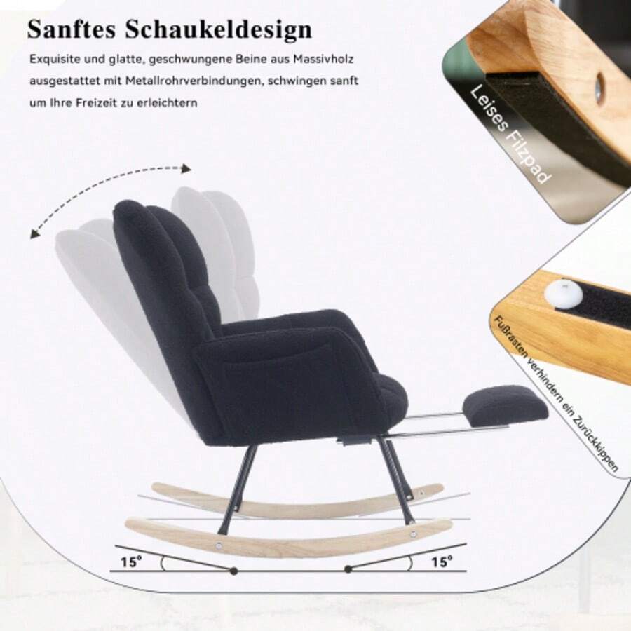 009B Neuer Moderner Schaukelstuhl Mit Polsterung Und Teddystoff-Taftbezug Und Ausziehbarer Fußstütze, Schwarz - Black - View 1