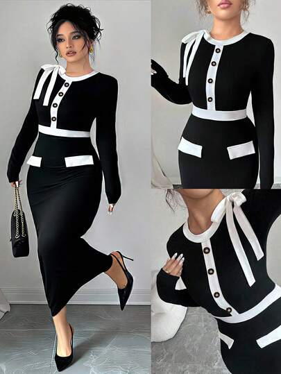 RNU Vestido de mujer talla grande de tela con contraste de color negro y blanco, versátil para citas, fiestas, ir al trabajo, con decoración de botones y lazos, que cincha la cintura, cuello redondo, decoración de solapa de bolsillo, elegante vestido para una cita nocturna, diseño para ir al trabajo, vestido maxi con abertura de alta gama