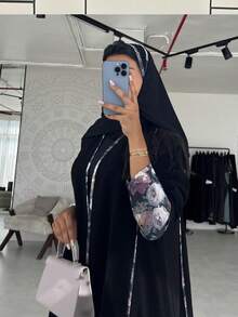 长款插肩袖阿巴雅，撞色印花细节，优雅端庄的伊斯兰女装，春季黑色款 - 黑色 - 查看 3