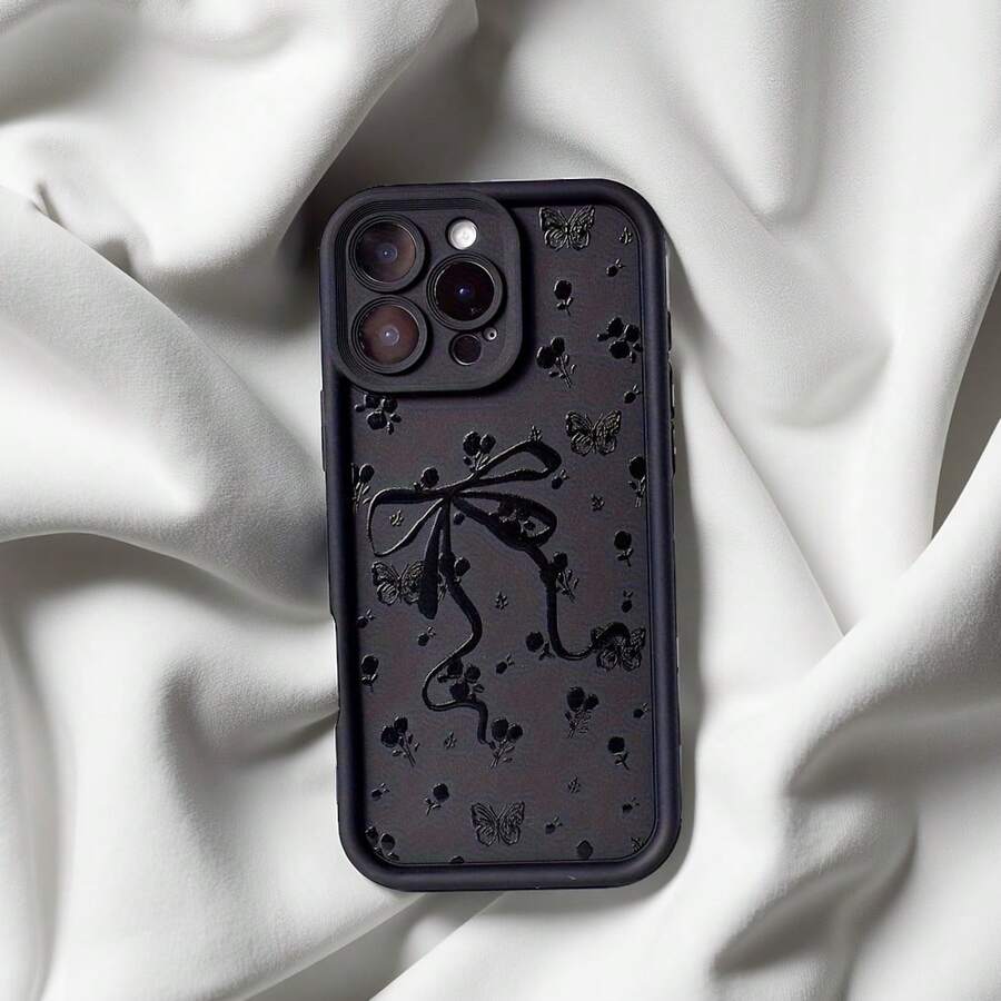 1 pieza Funda de teléfono suave con diseño de flor y lazo negro creativo y lindo, con marco de lente negro mate y diseño escalonado de cobertura completa anti-caída, compatible con Samsung/Galaxy/OPPO/VIVO/Honor/Realme