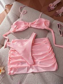 3pcs Women's Swimsuit, Basic Sexy Bikini Sexy Style Solid Colour,Retro Swim Sarong Coverups Beach Outfits For Woman Christmas Party Outfit ,Gift For Her,Valentine Vacation - Pink - View 8