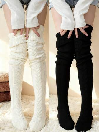 1 Pair Of Women's Cable Over-The-Knee Socks - Soft And Warm Boot Socks, Striped Twisted Design, Black/White, Breathable, Hand-Washable, Suitable For Cold Weather, Casual Wear, Winter Socks, High-End Design