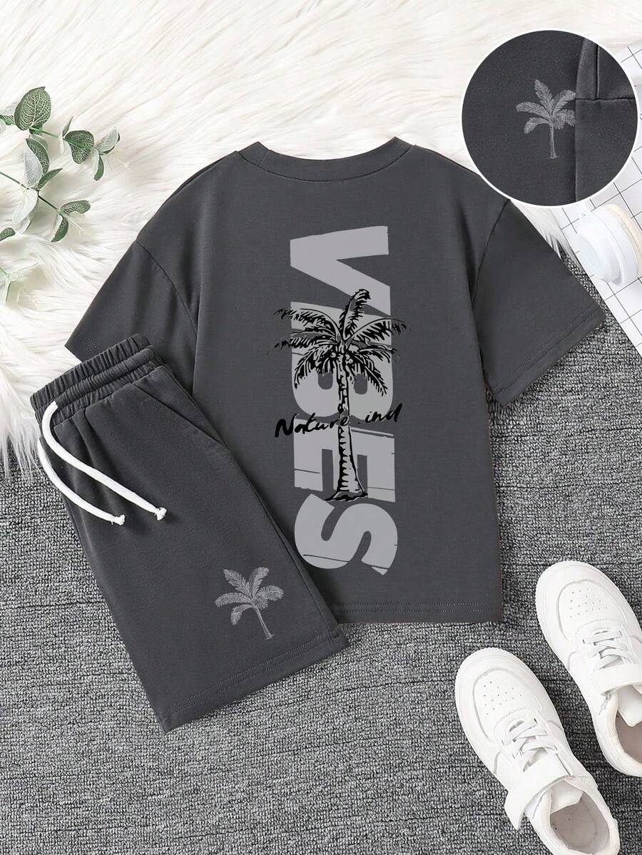 Young Boy Summer Casual Everyday Commute Vacation Style Palm Tree & Letter Print Loose Fit T-Shirt And Drawstring Waist Shorts Set - Dark Grey - View 1