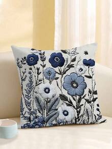 1pc Vintage Style Floral Print Decorative Throw Pillow Cover, Polyester Plush Fabric, Zipper Closure, Suitable For Home, Sofa, Bedroom, Seatzy Series (Pillow Insert Not Included), No Embroidery - Blue - View 18