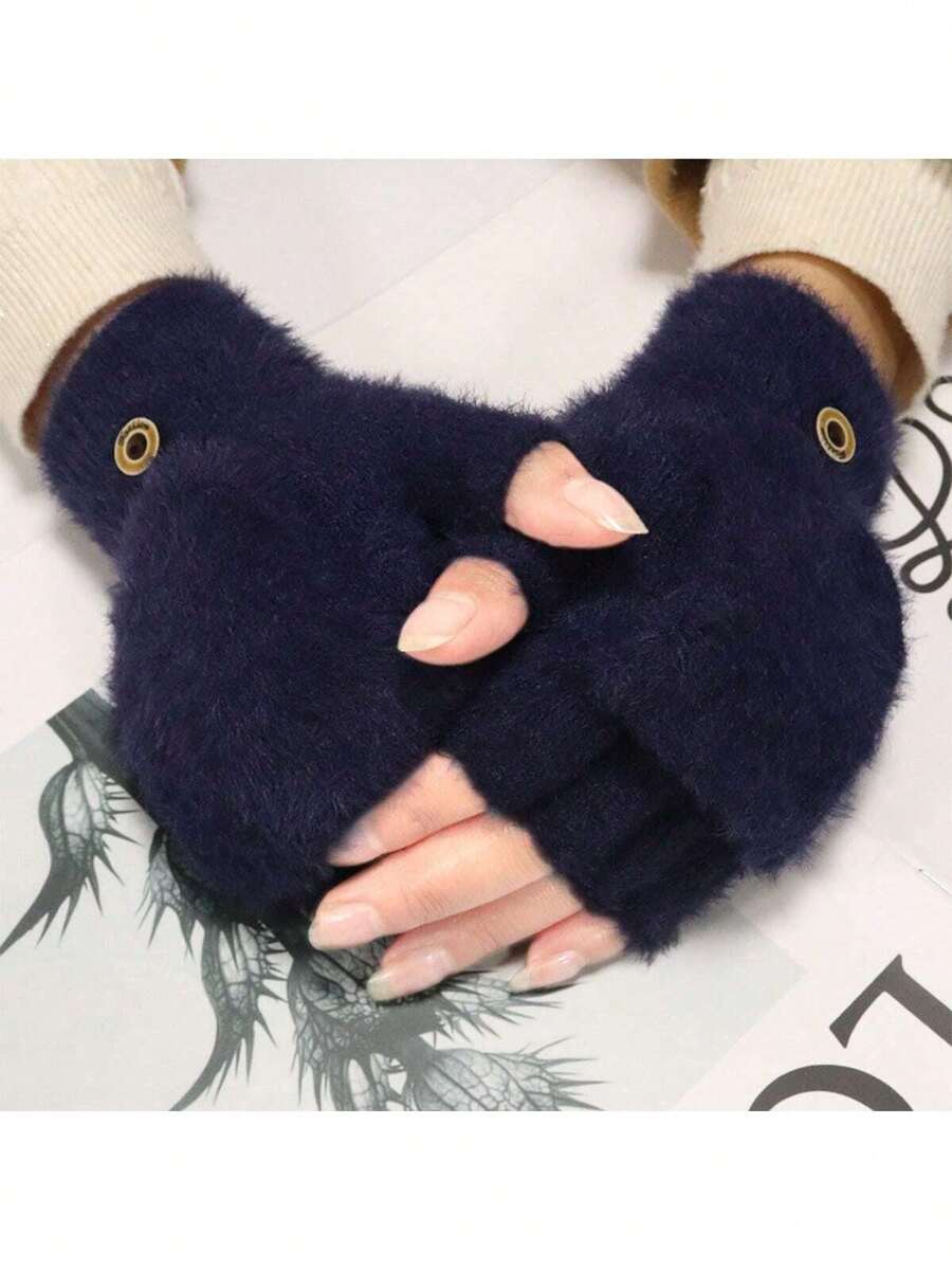 1 par de guantes de gato de punto de invierno, convertibles para clima frío, guantes sin dedos, guantes con solapa, adecuados para damas y niñas
