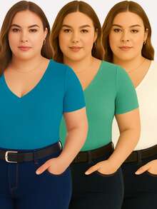 Kit With 3 Basic Women's Plus Size V-Neck Blouses - Turquoise/green/off Blue - View 1