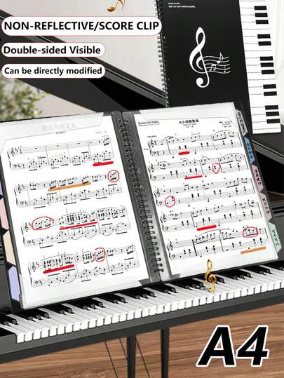 1pc Spiral Music Score Clip, 10/20/30 Pages Selectable, Piano Sheet Music Folder, Loose-Leaf Binder, Expandable Document Holder, A4 File Folder, Non-Glare File Bag, Transparent Editable Sleeves, Double-Sided Visible, Suitable For Music Class, Concert Hall, Recital, Back To School (Comes With Index Stickers)