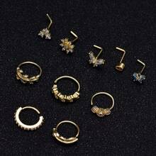 10个闪亮不锈钢镀金/镀银AAA+ CZ鼻环，花朵/羽毛/星星造型，女士款 - 适合日常佩戴、派对和身体饰品 - 金色 - 查看 11