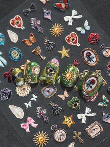 Hình dán móng tay phong cách cổ điển độc đáo với công nghệ khắc laser nổi, mang phong cách Rococo tối màu, với các họa tiết như nơ, thánh giá, mắt, đồng hồ bỏ túi, v.v., thích hợp cho việc tự làm và tạo ra những bộ móng nghệ thuật theo phong cách cổ điển tối màu. - Nhiều màu - Xem 5