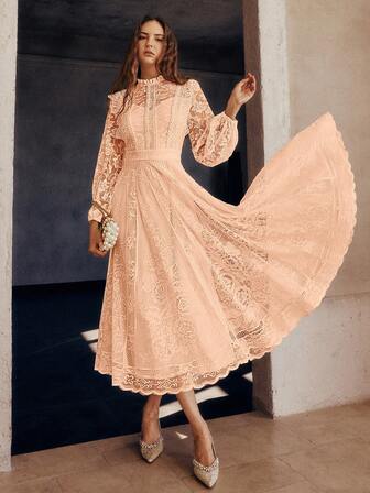 Simplee レース裾フレアワンピース レディース 長袖 エレガント イブニングドレス パーティードレス 誕生日ドレス 結婚式ゲストドレス 卒業式ドレス クリスマスドレス