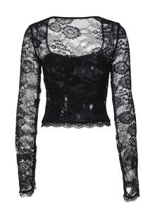 Damen Einfarbiges Spitze Patchwork Langarm Crop Top, figurbetonter sexy Look für Party und Clubwear