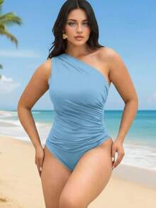 One Shoulder Bodysuit With Side Draping - Màu xanh nhạt - Xem 1
