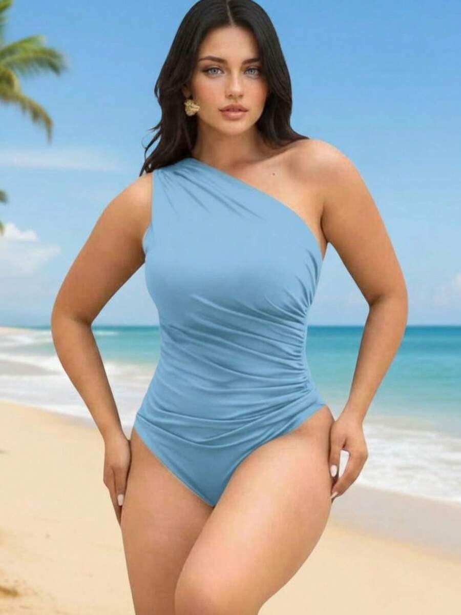 One Shoulder Bodysuit With Side Draping - Màu xanh nhạt - Xem 1