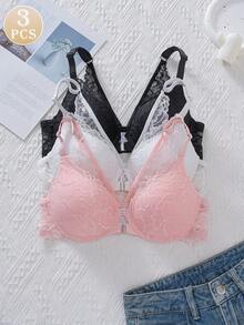 3pcs Comfortable Front Closure Bras With Lace Decor, Fashionable Design Suitable For Daily Wear, Perfect Fit And Support In Various Sizes - Multicolor - View 1