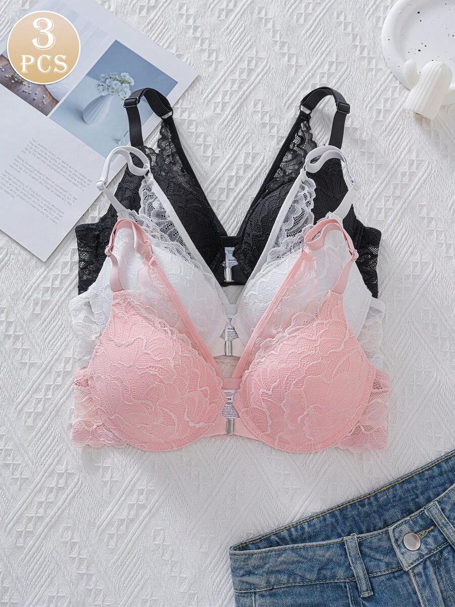3pcs Comfortable Front Closure Bras With Lace Decor, Fashionable Design Suitable For Daily Wear, Perfect Fit And Support In Various Sizes - Multicolor - View 1