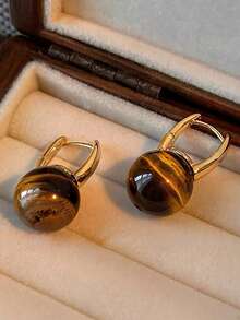 1 对复古香港风格不对称扎染虎眼石设计女士优雅高端小众独特铜环耳环，适合宴会、日常佩戴、秋冬 - 棕色 - 查看 4