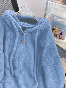 Solid Color Casual Minimalist Drawstring Hooded Pullover Sweater - Blue - View 2