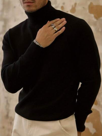 Pulover bărbătesc cu umeri normali, mânecă lungă, guler înalt, versatil pentru purtare zilnică, tricotat