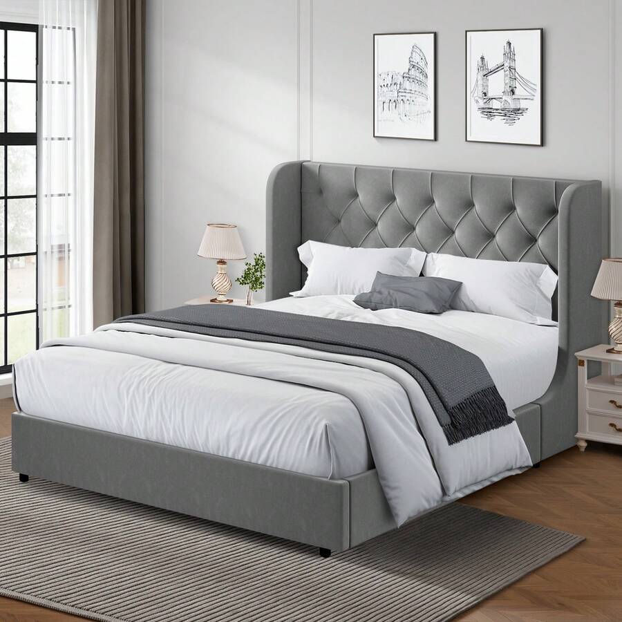 Modern Velvet Upholstered Bed Frame With Curved Wingback Design, Wooden Platform Bed Frame For Bedroom,No Box Spring Needed, Easy Assembly, Full Bed Frame/ Queen Bed Frame/ King Bed Frame/ Full Size Bed Frame/ Queen Size Bed Frame/ King Size Bed Frame,Pink/ White/ Grey - Xám - Xem 1