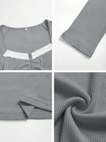 Sunny Girl Style Spring Girlfriend's Day Women's Long Sleeve Square Neck Top, Lace Collar Trim, Sweet Casual Minimalist Campus Style - Grey - View 12