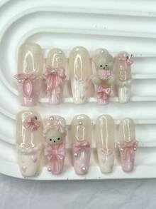 10片可爱3D蝴蝶结泰迪熊、粉色法式美甲贴片、卡哇伊兔子、长款假指甲，带珍珠、爱心、波点、闪粉，美甲用品（1片果冻贴纸+1把指甲锉） - 粉色 - 查看 1