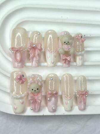 10PCS Cute 3D Bow Teddy Bear Pink French Handmade Press On Nails Kawaii Bunny Long Fake Nails Pearls Heart Polka Dots Glitter Nail Art Nail Supplies (1 Sheets Jelly Stickers+1PC Nail File)