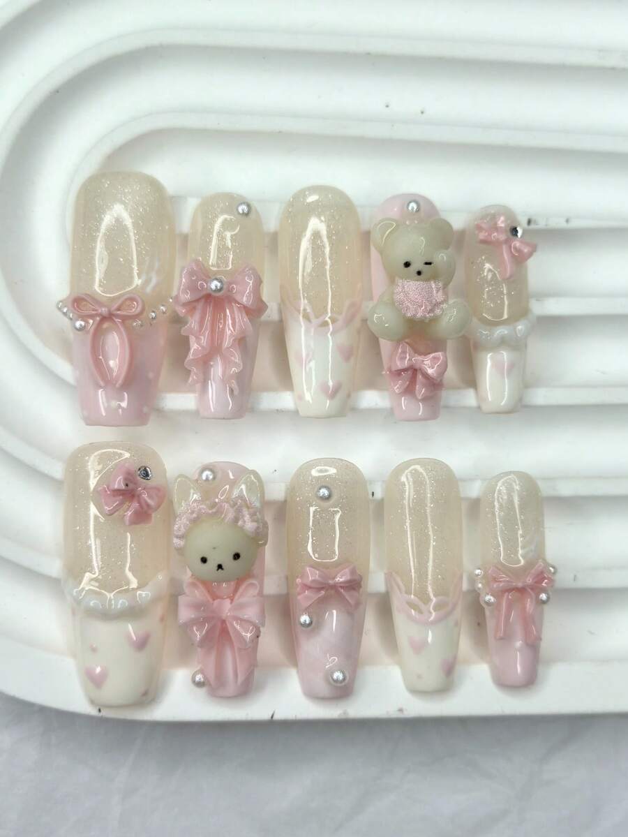 10片可爱3D蝴蝶结泰迪熊、粉色法式美甲贴片、卡哇伊兔子、长款假指甲，带珍珠、爱心、波点、闪粉，美甲用品（1片果冻贴纸+1把指甲锉） - 粉色 - 查看 1