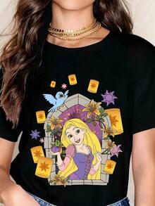 Disney Rapunzel Graphic T-Shirt For Women - Casual Summer Top With Princess Design, Perfect For Disney Fans And Everyday Wear Graphic Unique Print Casual Crew Neck Short-Sleeved Suitable Choice For Gifts Teenager Outdoor Sports Clothing - 黑色 - 查看 1