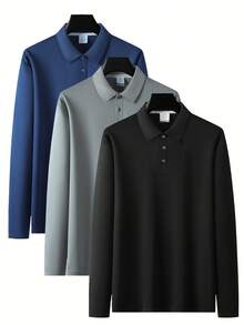 男士简约商务休闲长袖翻领polo衫，适合秋冬季日常通勤和商务场合穿着 - 灰色 - 查看 5