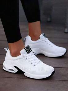Fly Woven Sneakers, Women's Breathable Mesh Air Cushion Shoes, Women's Casual Dancing, Fitness, Running, Women's Shoes, Light Travel Shoes - 白色 - 查看 4