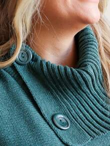 GIP Women's Poncho Knit Mousse Plain High Neck With Button Winter Wool Coat - 苔綠色 - 查看 3