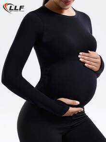 LLF Maternity Seamless Solid Color Basic Long Sleeve Activewear Top, Versatile For Casual, Workout, Yoga And More. Stretchy Fabric Gently Wraps Around Baby Bump, Shaping And Slimming. Pair With Accessories For Casual Parties, Simple Design Also Suitable For Everyday Wear