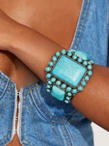 1件装女士西部牛仔风波西米亚风手镯，图案适合休闲佩戴，仿绿松石超宽开口手镯，复古西部风格女士配饰，休闲旅行 - 綠松石色手鐲 - 查看 7
