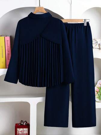 Left Mama Girls Casual Pleated Long Sleeve Shirt And Straight Leg Pants Set, Spring/Autumn