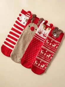 Merry Christmas 4 Pairs Women/Men/Kids Family Matching Mid-Calf Socks, Red Socks With Bear/Dog/Christmas Reindeer Stripe Pattern, Odor-Resistant Breathable Casual Fashionable Cute, Suitable For Christmas Gift/Party, Random Style - Multicolor - View 11