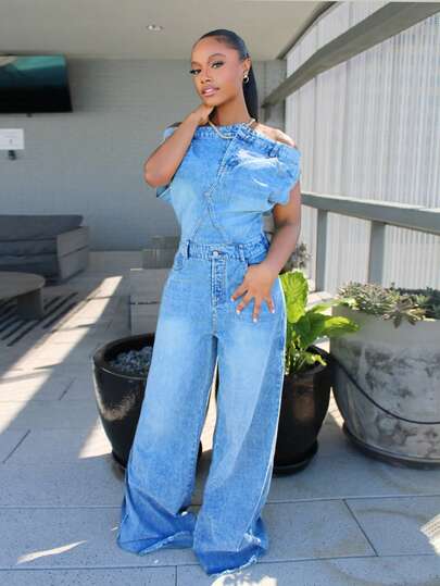 Steph T Stacked Wide Leg Denim Jumpsuit
