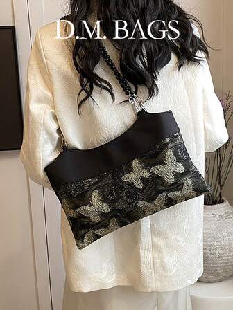 1 adet Yeni Moda Büyük Kapasiteli Niş Retro Yeni Çin Tarzı Altın Kaplama Siyah Altın Dokulu Üst Düzey El Çantası, Hafif Lüks Kelebek Nakışlı İnci Çıkarılabilir Omuz Askılı Kontrast Renkli Şık Bayan Tote Çantası, Ofis Çalışanları, Üniversite Öğrencileri ve Günlük Kullanım İçin Uygundur