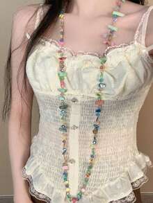 1件复古项链，波西米亚风格彩色贝壳串珠双层项链，复古奢华假日长项链，可叠戴，各种宝石和珍珠颜色和形状 - 彩色 - 查看 3