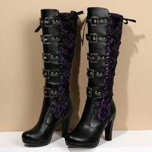 Goth Knee High Boots For Women Y2K Lace Buckle Block Heel Lace Up Knee Length Boots Round Toe High Heel Platform Cosplay Party Halloween Punk Boots - Màu tím - Xem 5