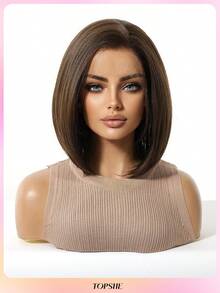 [Velvet Locks]New 13*4 Glueless Front Lace Wig 12 Inch Black Brown Short Straight Hair Wig Fashion Women No Bangs Pre-Trimmed Heat Resistant Synthetic Hair Soft And Smooth Suitable For Beginners Daily Wear, Y2K Style, Party, Cosplay, Dance, Travel, Festival - 咖啡棕 - 查看 4