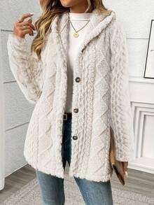 长款纯色钻石纹柔软羊毛前扣开衫，日常穿着，秋冬 - 白色 - 查看 3