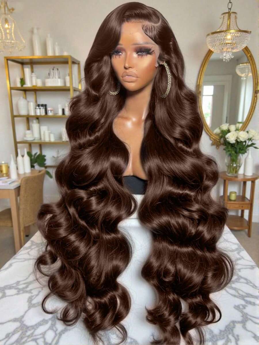 Glueless 34 Inch 200% Density 4# 13x4 Lace Front Wigs Human Hair Chocolate Brown Body Wave Wig Body Wave Wigs Human Hair Natural Look 13x4 HD Transparent Lace Frontal Wigs For Women Pre Plucked With Baby Hair Natural Hairline Blended Synthetic Cosplay Wigs Suitable For Halloween Or Parties - màu nâu - Xem 1
