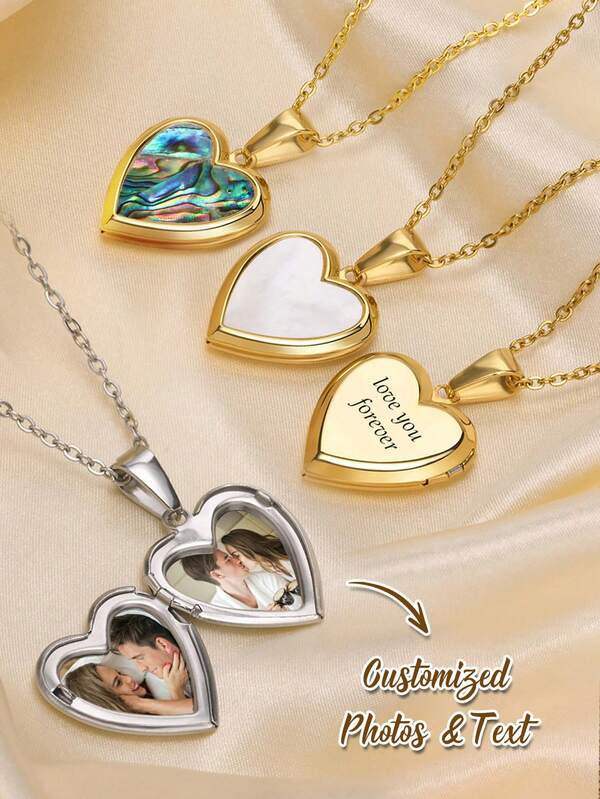 1pc Personalized Custom Picture/Text Heart Necklace, Black And White Available, Fashionable Summer Gold Stainless Steel OT Buckle Heart Pendant Necklace For Women, Versatile Jewelry Accessories Gift, Place Lover's Photo, Birthday Gift, Anniversary Gift, Gold, Stylish, Colorful, Vintage, Unisex, Hipster, Custom, Personalized, Unique, For Birthdays, For Prom, For Party