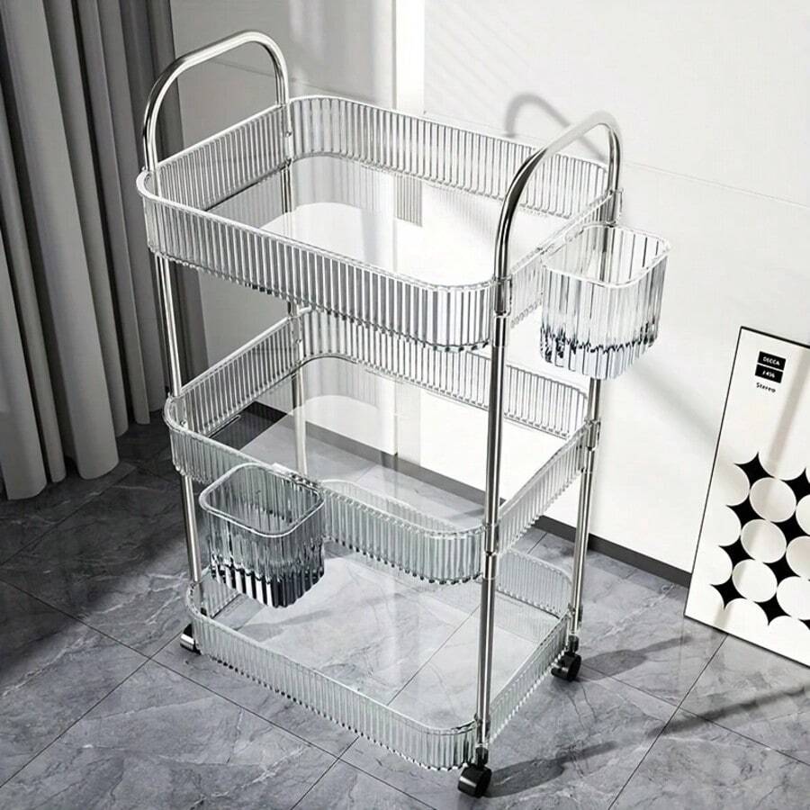 3/4 Layer Large Size Rolling Acrylic Storage Cart With Wheels, Makeup Storage Trolley For Bathroom, Kitchen And Living Room, Transparent Design For Easy Viewing, Portable Makeup Trolley, Modern Organizer, Multi-Layer Trolley, Multifunctional Storage For Bathroom And Living Room, Portable Storage Trolley For Makeup Table With Three Alloy Frames, 360° Rotation Design, Ideal Gift - Multicolor - View 1