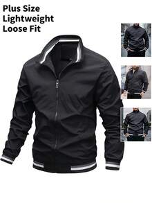Winter Plus Size Men's Sports Jacket, High Quality Solid Color Casual Baseball Jacket, Windbreaker Coat For Men, Autumn/Winter - Black - View 1