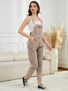 Dark Blue Washed Adjustable Strap Slim Waist Denim Bib Overalls For Women - Khaki - View 4