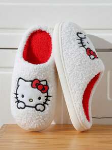 New Winter Sanrio-Hello Kitty Bow & Paw Embroidery Side Seam Closed Toe Slip-On Slippers For Women, Cute & Elegant Cat Design Slippers, Wide Fit, Warm Plush Lining Thick Women House Slippers, Suitable For Adult Women Daily Indoor Casual, Bedroom, Living Room, Party, Holiday Gift - trắng - Xem 7